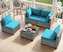 Ebello 5-Piece Modular Conversation Set, Outdoor Patio Sectional Sofa with Glass Coffee Table, Rattan Garden Furniture, GTQ(Peacock Blue)