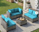Ebello 7-Piece Modular Conversation Set, Outdoor Patio Sectional Sofa with Glass Coffee Table, Rattan Garden Furniture, GTQ(Peacock Blue)