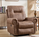 Ebello Overstuffed Electric Power Recliner Chair, Soft Fabric Vintage Rivet Design Single Reclining Sofa with USB Ports, Massage and Heat for Living Room, Dark Brown