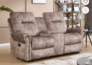 Ebello Manual Recliner Loveseat Sofa, 2-Seater Vintage Rivet Design Reclining Couch with Center Console, Hidden Storage & Cup Holders for Living Room, Light Brown