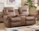 Ebello Manual Recliner Loveseat Sofa, 2-Seater Vintage Rivet Design Reclining Couch with Center Console, Hidden Storage & Cup Holders for Living Room, Dark Brown