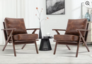Ebello Mid-Century Modern PU Leather Accent Chair, Wood Frame Armchair with Removable Thick Padded Cushions for Living Room, Bedroom, Reception, Reddish Brown(Set of 2)