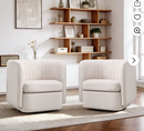 Ebello 360° Swivel Accent Chair, Short Plush Fabric Square Armchair with Thick Cushion & Curved Back for Living Room Bedroom Office Apartment, No Assembly Required, Beige , Set of 2