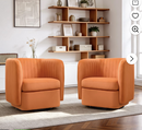 Ebello 360° Swivel Accent Chair, Short Plush Fabric Square Armchair with Thick Cushion & Curved Back for Living Room Bedroom Office Apartment, No Assembly Required, Orange, Set of 2