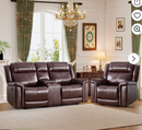 Ebello 3-Seater Genuine Leather Recliner Sofa Set, Manual Reclining Chair and Loveseat with Cup Holders and Storage Space for Living Room, Home Theater, Brown