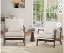 Ebello Mid-Century Modern Accent Chair, Upholstered Reading Armchair with Side Storage Pocket & Waist Cushion for Living Room Bedroom, Easy Assembly, Beige, Set of 2