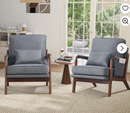 Ebello Mid-Century Modern Accent Chair, Upholstered Reading Armchair with Side Storage Pocket & Waist Cushion for Living Room Bedroom, Easy Assembly, Gray, Set of 2