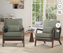Ebello Mid-Century Modern Accent Chair, Upholstered Reading Armchair with Side Storage Pocket & Waist Cushion for Living Room Bedroom, Easy Assembly, Green, Set of 2