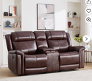 Ebello Genuine Leather Manual Reclining Loveseat, Luxurious Modern 2-Seater Sofa with Cup Holders and Storage Space for Living Room, Home Theater, Brown