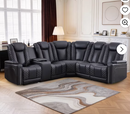 Ebello Power Recliner Sectional Sofa – Breathable PU Leather Corner Sectional Couch with Teapoy, LED Lighting, USB Ports, Cup Holders & Storage, Black (Home Theater Seating)