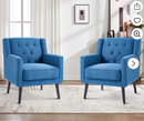 Ebello Linen Accent Chair, Mid-Century Modern Upholstered Armchair with Thick Padded Seat for Living Room, Bedroom, Easy Assembly, Blue, Set of 2