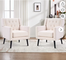 Ebello Linen Accent Chair, Mid-Century Modern Upholstered Armchair with Thick Padded Seat for Living Room, Bedroom, Easy Assembly, Beige, Set of 2