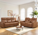 EBLLEO 5-Seater Power Genuine Leather Recliner Sofa Set, Loveseat and 3-Seater Couch with Cup Holders and USB Ports for Living Room, Home Theater (Light Brown)