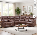 Ebello Manual Reclining Sectional Sofa, Genuine Leather Corner Sectional Couch with Storage Console & Cup Holders for Living Room, Brown