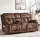 Ebello 74.8"Manual Loveseat Sofa, Soft Fabric Wall-Hugger Reclining Loveseat with Overstuffed Backrest, Center Console, Cup Holders, Hidden Storage for Living Room, Apartment, Brown