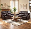 Ebello Power Recliner Sofa Set, PU Leather 3-Seat Sofa and Loveseat with Center Console, Storage, Cup Holder, Massage and Heat USB &Type-C Port, Overstuffed Sofa with Rivets, Dark Brown