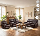 Ebello Power Recliner Sofa Set, PU Leather Recliner Chair, 3-Seat Sofa and Loveseat with Center Console, Storage, Cup Holder, Massage and Heat USB Port, Overstuffed Reclining Sofa with, Dark Brown