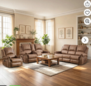 Ebello Power Recliner Sofa Set, PU Leather Recliner Chair, 3-Seat Sofa and Loveseat with Center Console, Storage, Cup Holder, Massage and Heat USB Port, Overstuffed Reclining Sofa with Rivets, Brown
