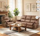 Ebello Power Recliner Sofa Set, Breathable PU Leather Recliner Chair and 3-Seat Sofa with Massage and Heat USB &Type-C Port, Overstuffed Reclining Sofa with Rivets for Living Room, Brown