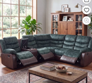 Ebello Composite Fabric Manual Reclining Sectional Sofa, L-Shape Plush and PU Leather Sofa Couch with Cup Holders, Hidden Storage for Living Room, Greenish Gray & Brown