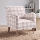 Ebello Classic Plaid Accent Chair, Upholstered Striple Reading Armchair with Nailhead Trim & Wood Legs for Living Room, Bedroom, White Brown