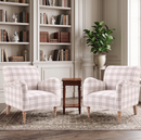 Ebello Classic Plaid Accent Chair with Nailhead Trim & Wood Legs, Upholstered Reading Armchair for Living Room, Bedroom, White Brown (2 Pack)