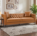 Ebello 83" Wide Deep-Seat Faux Leather Sofa, Button-Tufted 3 Seater Sofa Couch with Soft Cushions & Metal Frame, Easy-Care Look Couch for Living Room, Brown
