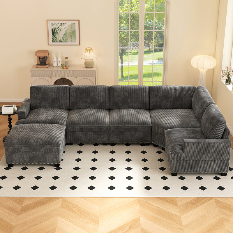 Ebello 6-Piece Modular Sectional Sofa Set, Corduroy Convertible L-Shaped Couch with Multifunctional Storage Ottoman & Side Table for Large Living Room, Gray