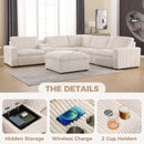 Bonzy Home Sectional Sofa Electric Recliner Corduroy Sectional Couch with Cup Holders Ottoman Sofa Set with Hidden Storage and Wireless Charge, Beige