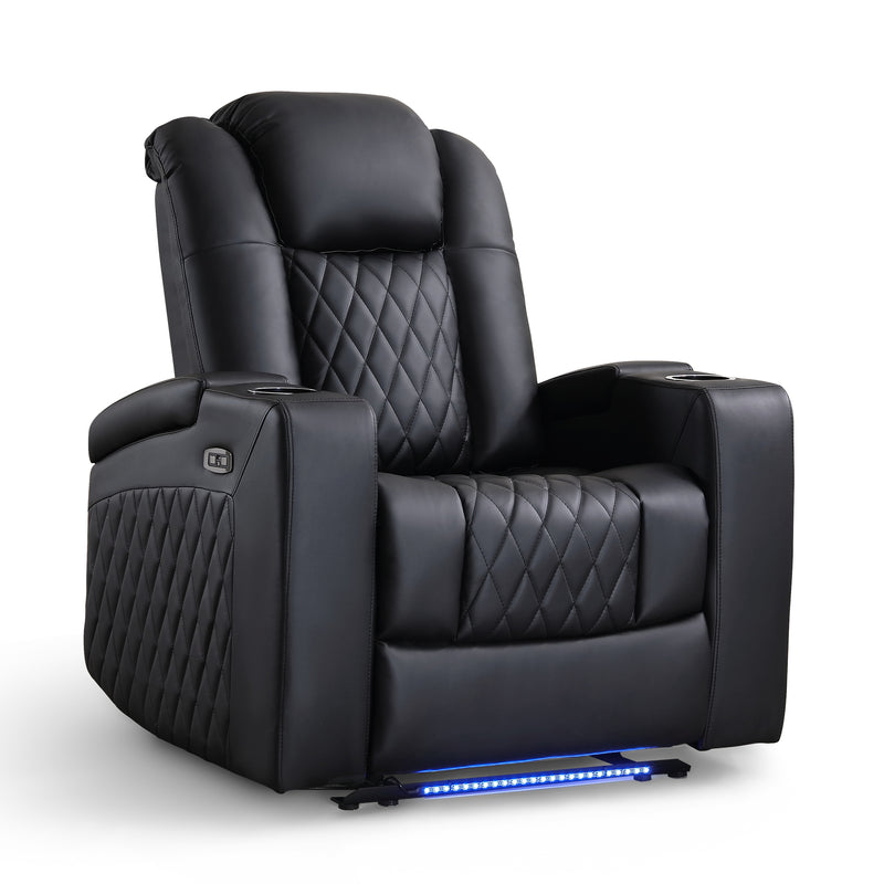 Ebello Power Recliner Chair, Faux Leather Electric Reclining Chair with LED Light Strip, USB Port, Cup Holders & Hidden Storage, Oversized Headrest for Home Theater, Black