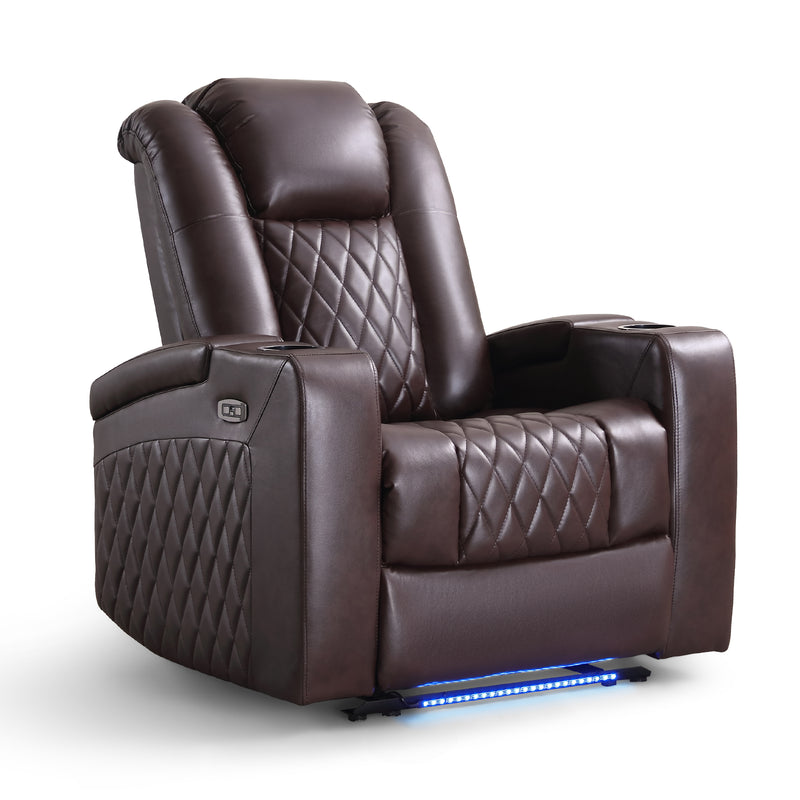 Ebello Power Recliner Chair, Faux Leather Electric Reclining Chair with LED Light Strip, USB Port, Cup Holders & Hidden Storage, Oversized Headrest for Home Theater, Brown