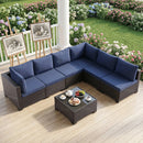 Bonzy Home Patio Furniture Set, 7-Piece Wicker Outdoor Sectional Sofa with Tempered Glass Table for Backyard & Porch, Outdoor Rattan Couch Furniture, Metal Frame, Blue