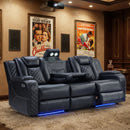EBELLO Power Reclining Sofa with Wireless Charging, 3 Seater Electric Recliner Couch with Reading Lights, USB Type-C Ports, LED Lighting and Storage, Faux Leather Home Theater Seating, Black Plaid
