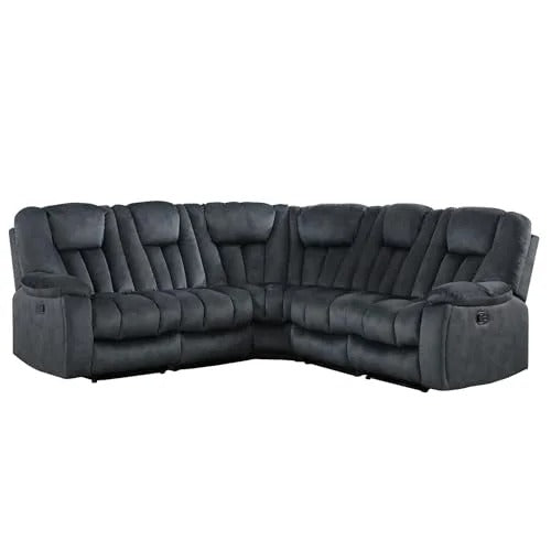 Bonzy Home Manual Reclining L-Shaped Sectional Sofa Set for Living Room - 5 Seater Corner Couch with Dual Recliners & Cup Holders,Gray