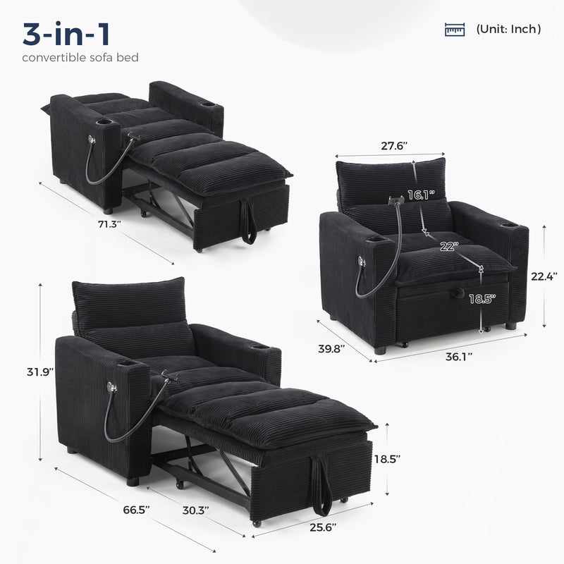 Ebello 3-in-1 Convertible Sleeper Sofa Chair Bed with Cup Holders & USB Ports