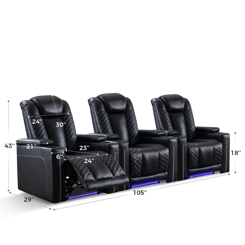 Ebello 35" Wide Adult Man Cave Breathable Leather Argyle Home Theater Individual Seat Recliner Chair with Armrest Storage and LED, Black(Set of 2)