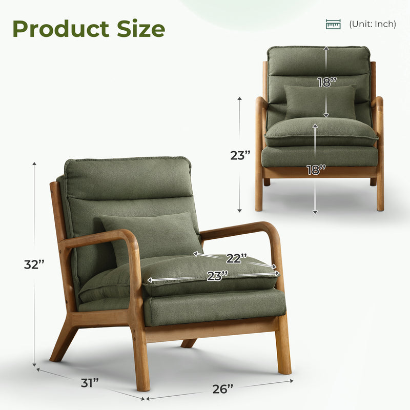 Ebello Mid Century Modern Accent Chair, Double-Padded Reading Armchair with Wood Frame & Lumbar Cushion for Living Room, Bedroom & Office, Green