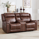 EBELLO Brown Faux Leather Manual Reclining Loveseat, 2-Seater Sofa with Cup Holders and Storage Space, Mid-Century Modern Recliner Couch for Living Room, Home Theater (Brown)