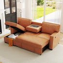 Bonzy Home Convertible Sleeper Sofa Pull Out Sofa Beds with Storage USB Ports Cup Holders Faux Leather Chaise Convertible Sofa Bed Brown