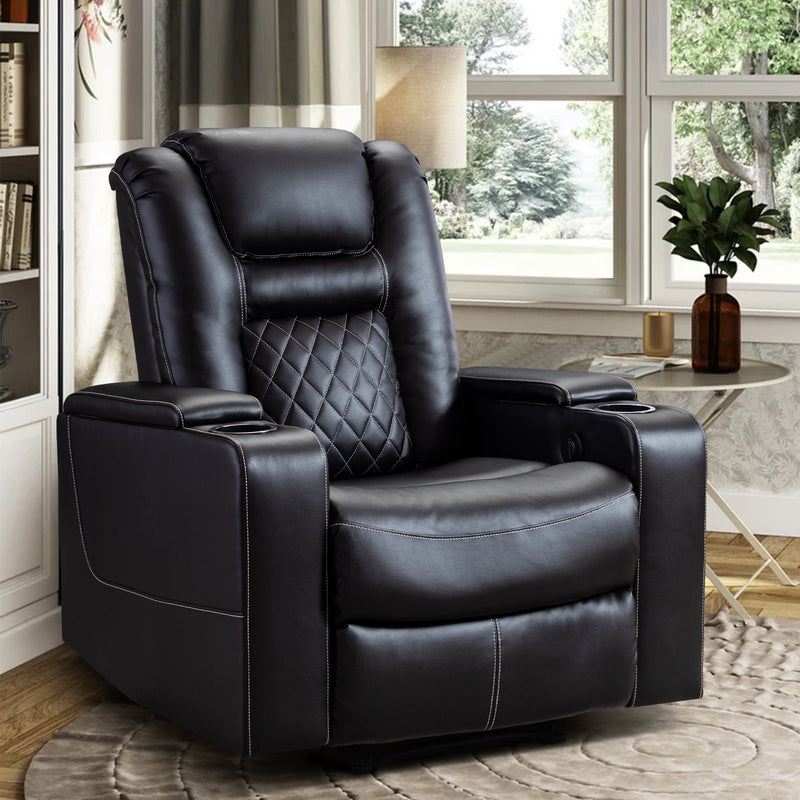 Bonzy Home Power Electric Recliner Chair with USB Ports and Cup Holders Leather Home Theater Seating, Living Room Chair Black