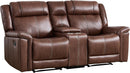 EBELLO Brown Faux Leather Manual Reclining Loveseat, 2-Seater Sofa with Cup Holders and Storage Space, Mid-Century Modern Recliner Couch for Living Room, Home Theater (Brown)
