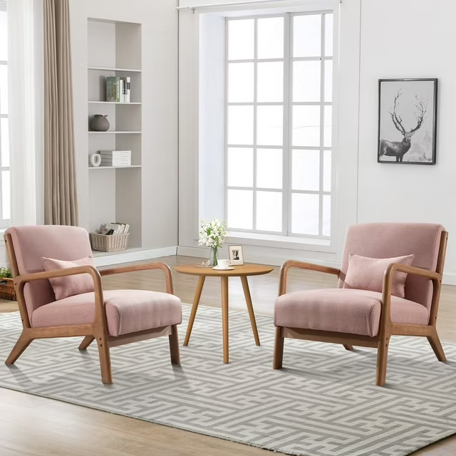 Bonzy Home Mid Century Modern Accent Chair set of 2 , Single Fabric Lounge Reading Armchair with Solid Wood Frame, Easy Assembly Arm Chairs for Living Room, Pink