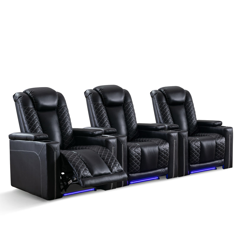 Ebello 35" Wide Adult Man Cave Breathable Leather Argyle Home Theater Individual Seat Recliner Chair with Armrest Storage and LED, Black(Set of 2)