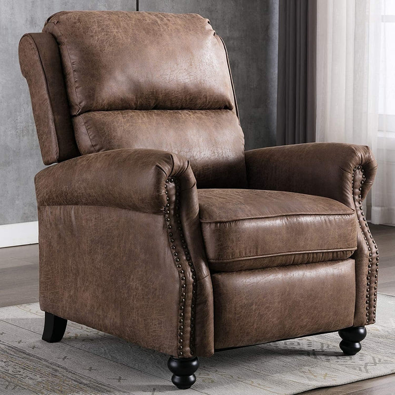 Bonzy Home Pushback Recliner Chair Leather Armchair Push Back Recliner with Nail Head Single Sofa Accent Chair for Living Room, Brown