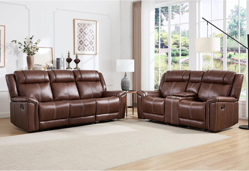EBELLO Brown Reclining Loveseat and Sofa Set, Manual 2-Seater and 3-Seater Recliner Couch, Faux Leather Mid-Century Modern Sectional for Living Room (Brown)