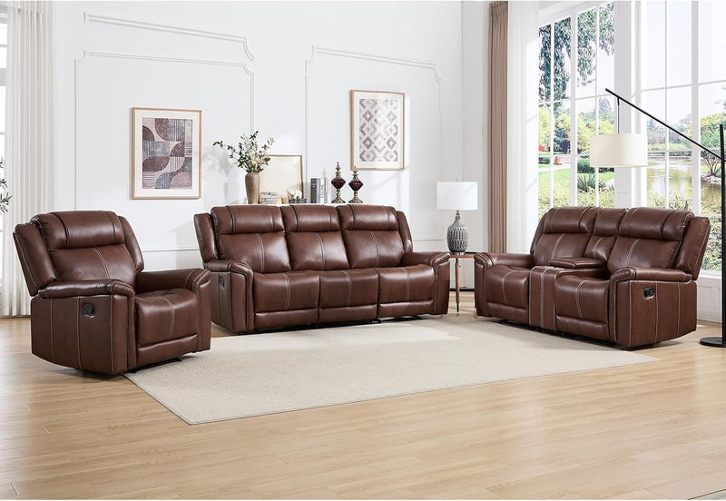 EBELLO Brown 6-Seater Manual Recliner Sofa Set, Faux Leather Reclining Chair, Loveseat and 3-Seater Couch with Cup Holders, Mid-Century Modern Living Room Sectional Set (Brown)