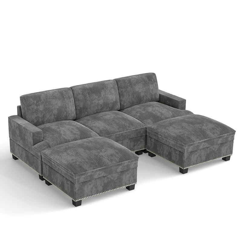 Ebello 5-Piece Modular Sectional Sofa Set, Corduroy Convertible Couch with Multifunctional Storage Ottoman & Side Table for Living Room, Gray