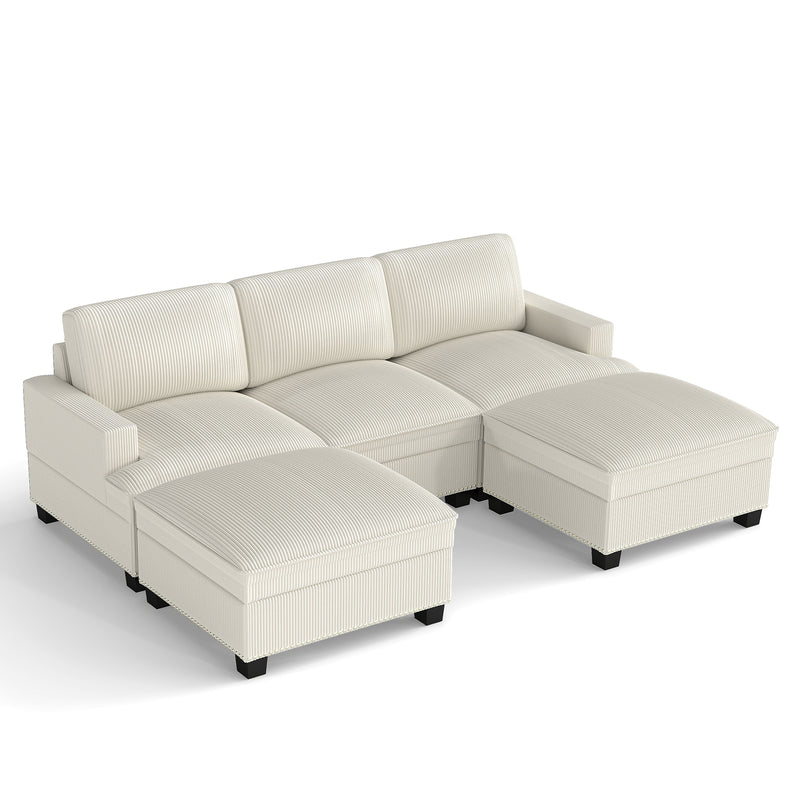 Ebello 5-Piece Modular Sectional Sofa Set, Corduroy Convertible Couch with Multifunctional Storage Ottoman & Side Table for Living Room, Beige