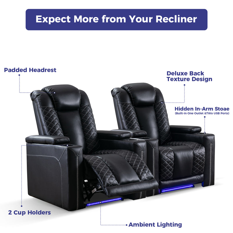 Ebello 35" Wide Adult Man Cave Breathable Leather Argyle Home Theater Individual Seat Recliner Chair with Armrest Storage and LED, Black(Set of 2)