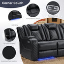 EBELLO Power Reclining Sofa with Wireless Charging, 3 Seater Electric Recliner Couch with Reading Lights, USB Type-C Ports, LED Lighting and Storage, Faux Leather Home Theater Seating, Black Plaid